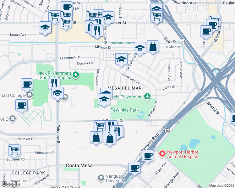 map of restaurants, bars, coffee shops, grocery stores, and more near 1002 Presidio Drive in Costa Mesa