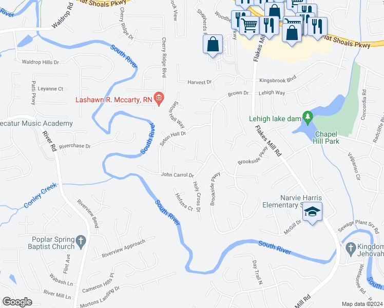 map of restaurants, bars, coffee shops, grocery stores, and more near 3757 Holy Cross Way in Decatur