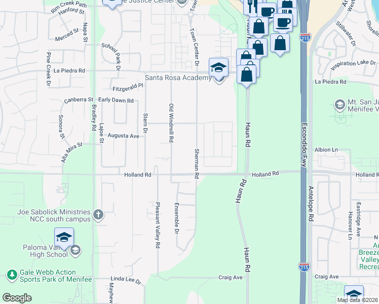map of restaurants, bars, coffee shops, grocery stores, and more near 30883 Sherman Road in Menifee