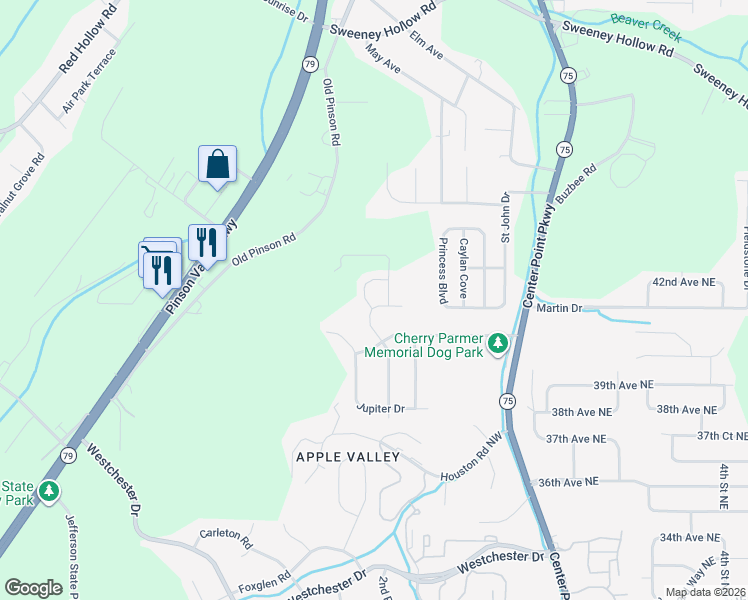 map of restaurants, bars, coffee shops, grocery stores, and more near 3924 Mars Avenue in Center Point