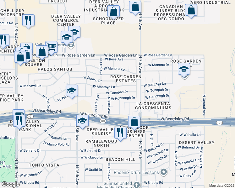 map of restaurants, bars, coffee shops, grocery stores, and more near 1007 West Tonopah Drive in Phoenix