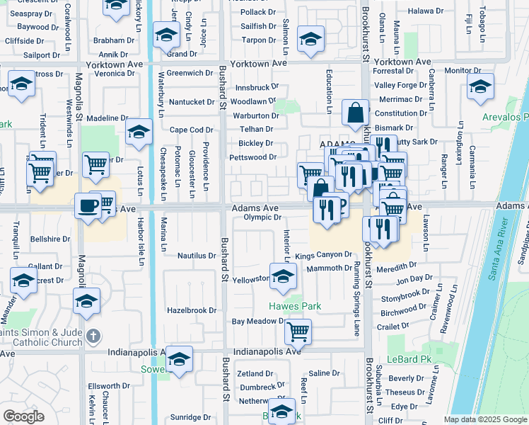 map of restaurants, bars, coffee shops, grocery stores, and more near 9631 Olympic Drive in Huntington Beach