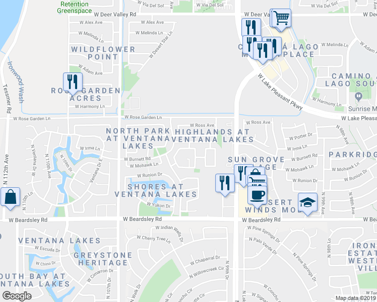 map of restaurants, bars, coffee shops, grocery stores, and more near 10359 West Burnett Road in Peoria