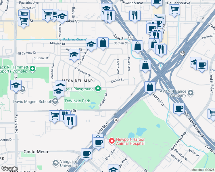 map of restaurants, bars, coffee shops, grocery stores, and more near 892 Presidio Drive in Costa Mesa