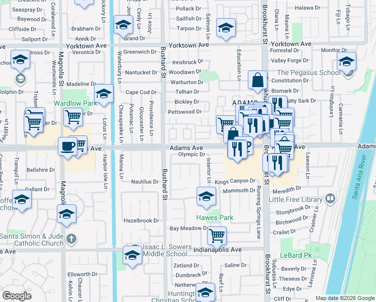 map of restaurants, bars, coffee shops, grocery stores, and more near 9631 Olympic Drive in Huntington Beach
