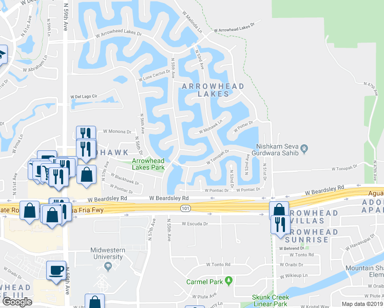 map of restaurants, bars, coffee shops, grocery stores, and more near 5471 West Mohawk Lane in Glendale
