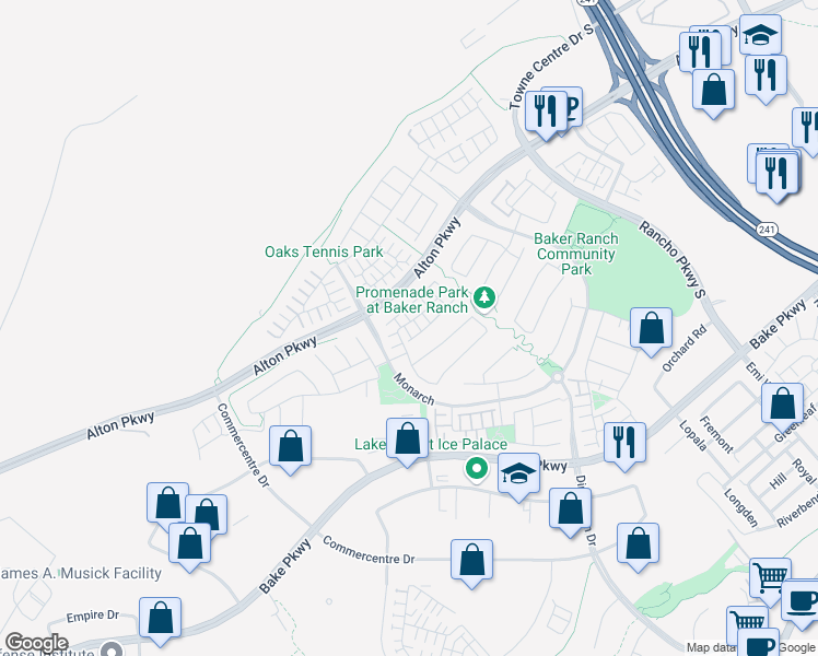 map of restaurants, bars, coffee shops, grocery stores, and more near 86 Fuchsia in Lake Forest
