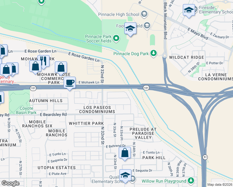 map of restaurants, bars, coffee shops, grocery stores, and more near 3307 East Tonopah Drive in Phoenix