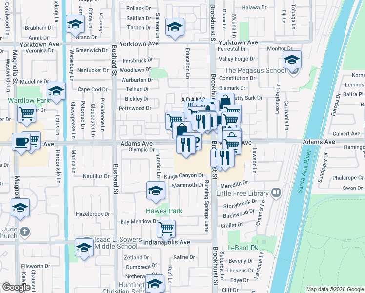 map of restaurants, bars, coffee shops, grocery stores, and more near 9842 Adams Avenue in Huntington Beach