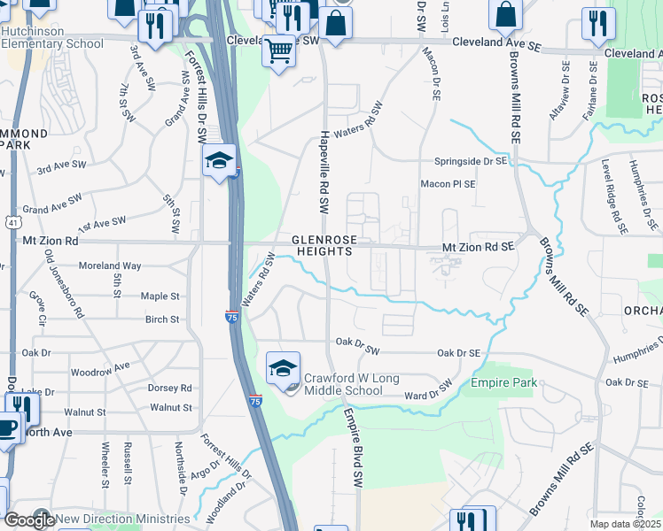 map of restaurants, bars, coffee shops, grocery stores, and more near 3028 Empire Boulevard Southwest in Atlanta