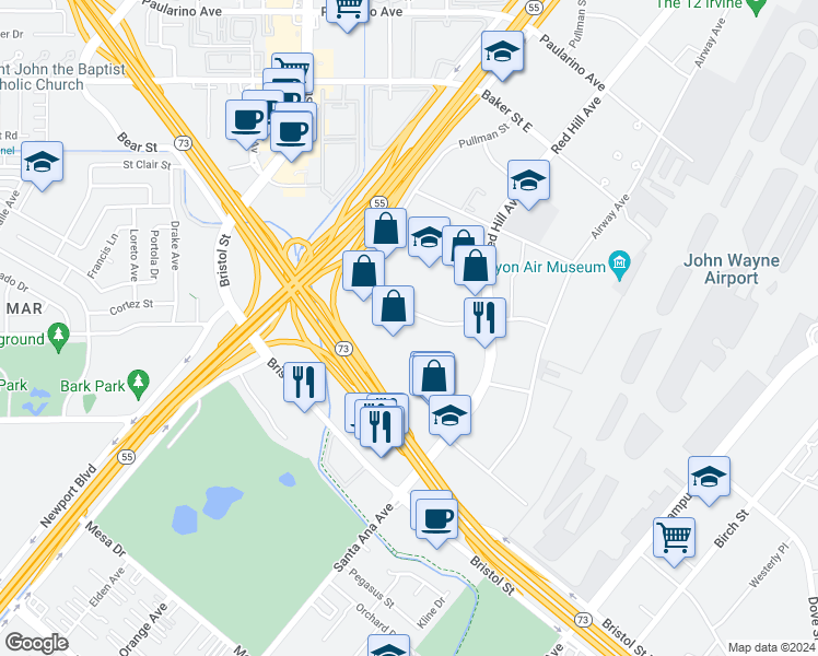 map of restaurants, bars, coffee shops, grocery stores, and more near 151 Kalmus Drive in Costa Mesa