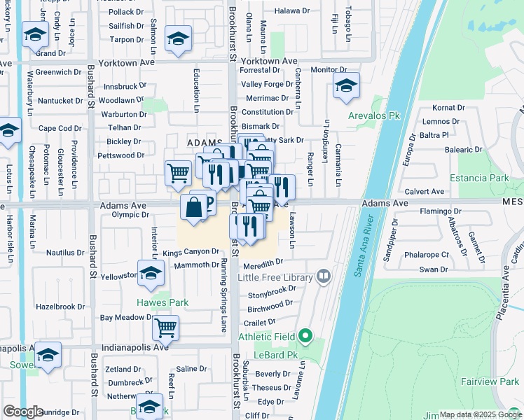 map of restaurants, bars, coffee shops, grocery stores, and more near 10124 Adams Ave in Huntington Beach