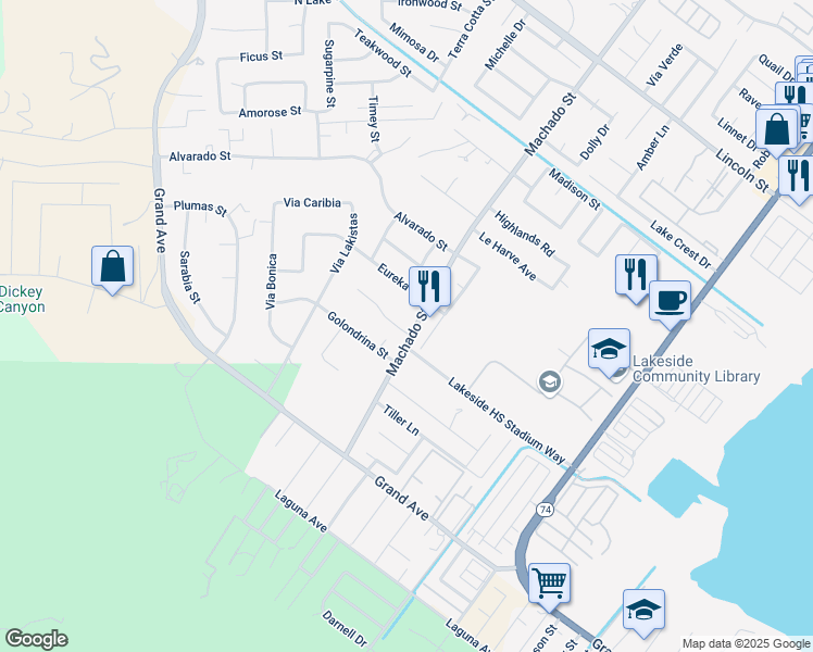map of restaurants, bars, coffee shops, grocery stores, and more near 15070 Marcolesco Street in Lake Elsinore