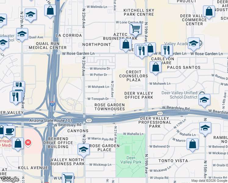 map of restaurants, bars, coffee shops, grocery stores, and more near 20431 North 21st Avenue in Phoenix