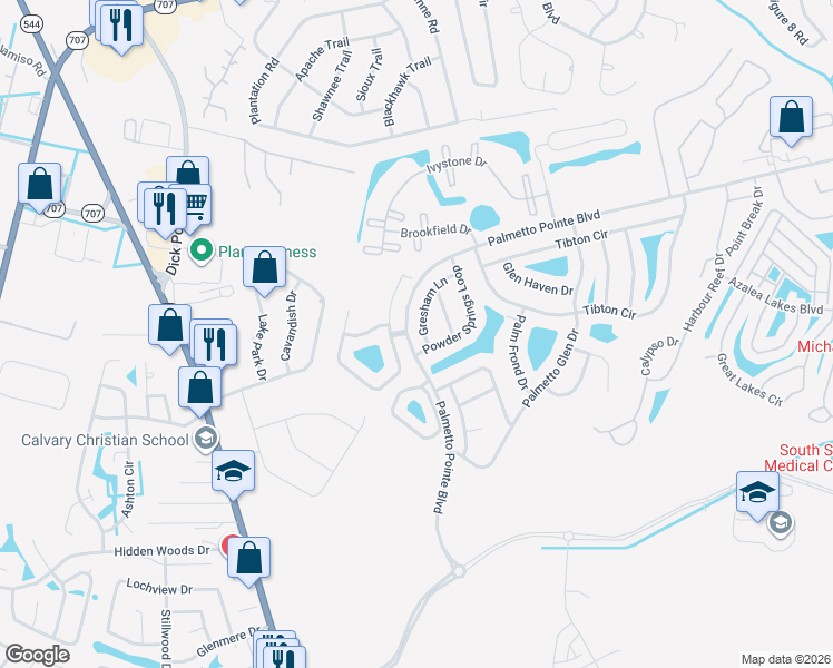 map of restaurants, bars, coffee shops, grocery stores, and more near 252 Gresham Lane in Myrtle Beach