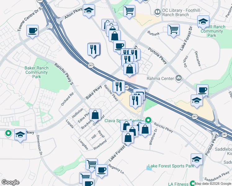 map of restaurants, bars, coffee shops, grocery stores, and more near 26761 Rancho Parkway in Lake Forest