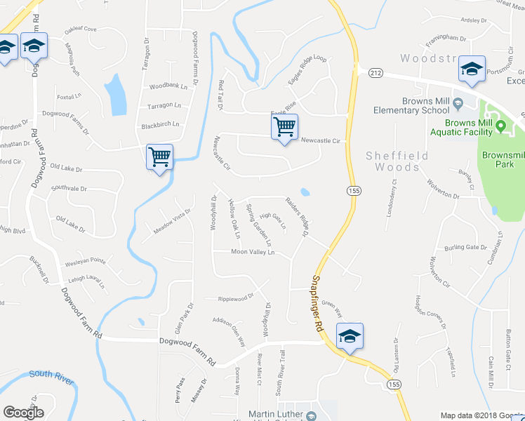 map of restaurants, bars, coffee shops, grocery stores, and more near 4586 High Gate Lane in Lithonia