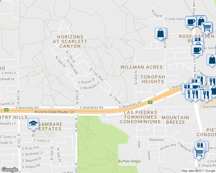 map of restaurants, bars, coffee shops, grocery stores, and more near 20414 North 17th Way in Phoenix