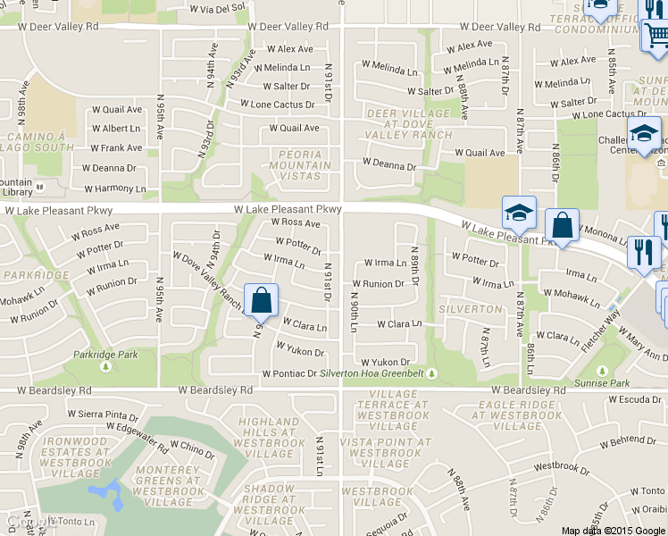 map of restaurants, bars, coffee shops, grocery stores, and more near 20733 N 91st Dr in Peoria