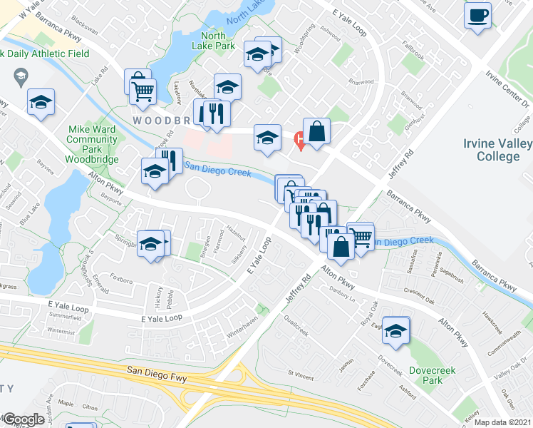 map of restaurants, bars, coffee shops, grocery stores, and more near 5299 Alton Parkway in Irvine