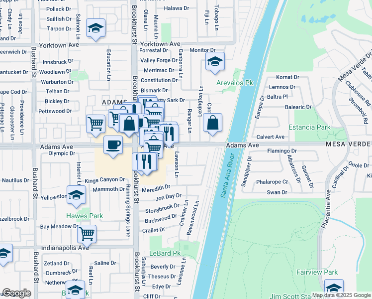 map of restaurants, bars, coffee shops, grocery stores, and more near 20011 Colgate Circle in Huntington Beach