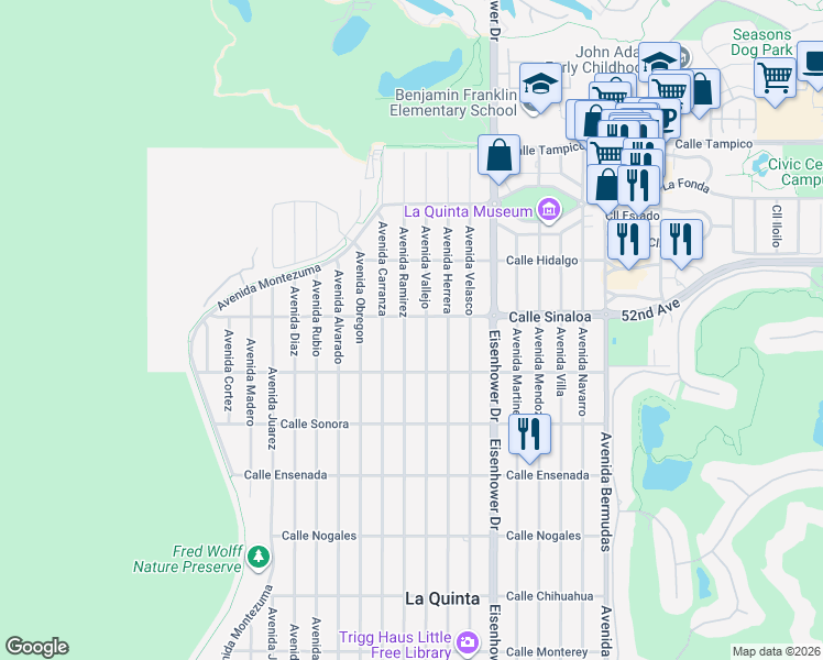 map of restaurants, bars, coffee shops, grocery stores, and more near 51800 Avenue Ramirez in La Quinta
