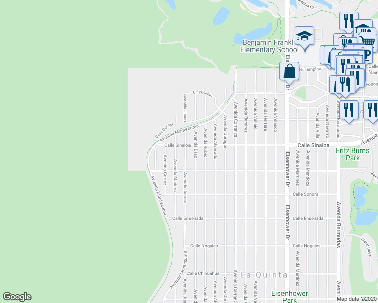 map of restaurants, bars, coffee shops, grocery stores, and more near 51820 Avenida Juarez in La Quinta