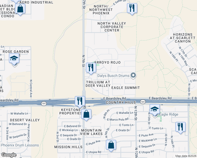map of restaurants, bars, coffee shops, grocery stores, and more near 20435 North 7th Street in Phoenix
