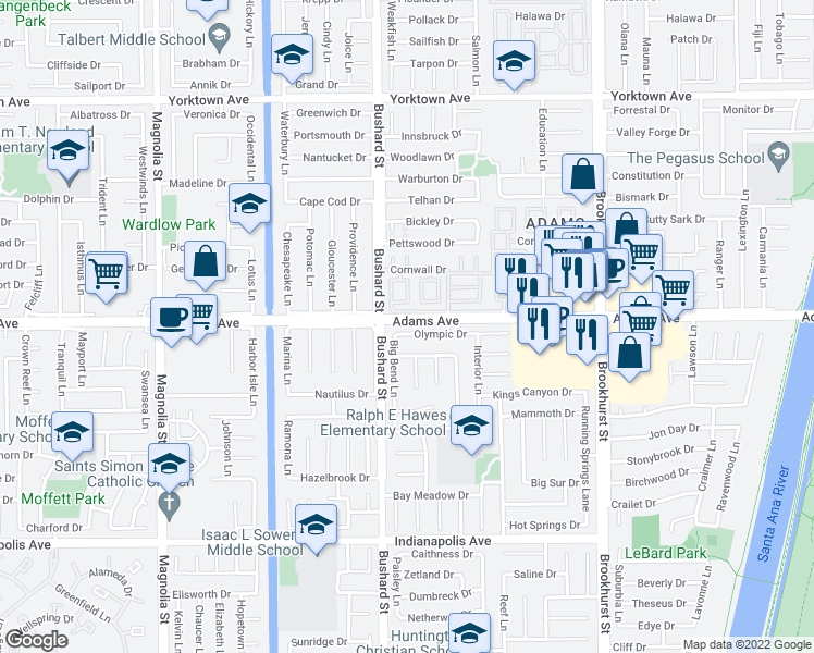 map of restaurants, bars, coffee shops, grocery stores, and more near 9551 Olympic Drive in Huntington Beach