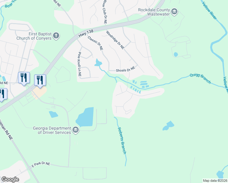 map of restaurants, bars, coffee shops, grocery stores, and more near 2280 Bear Mountain Drive Northeast in Conyers