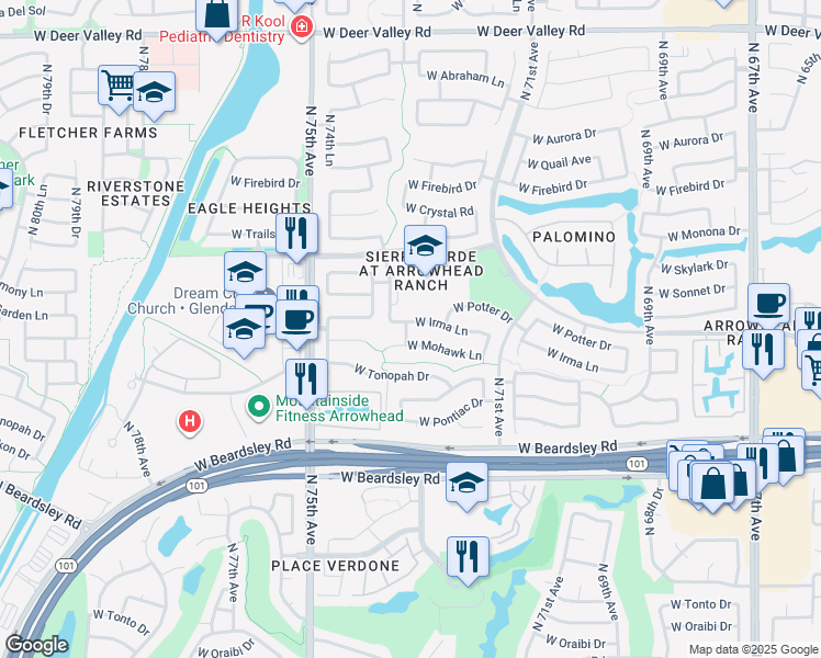 map of restaurants, bars, coffee shops, grocery stores, and more near 7223 West Irma Lane in Glendale