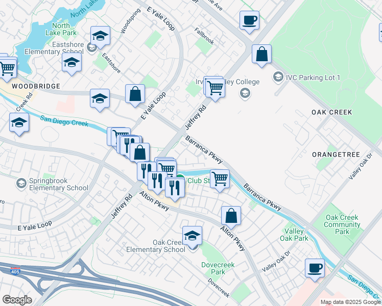 map of restaurants, bars, coffee shops, grocery stores, and more near 208 Shadow Oaks in Irvine