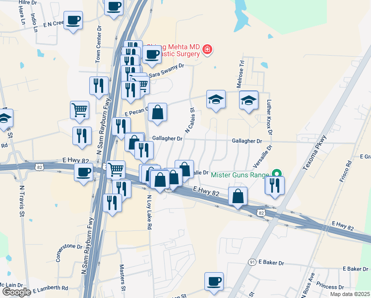 map of restaurants, bars, coffee shops, grocery stores, and more near 3209 North Calais Street in Sherman