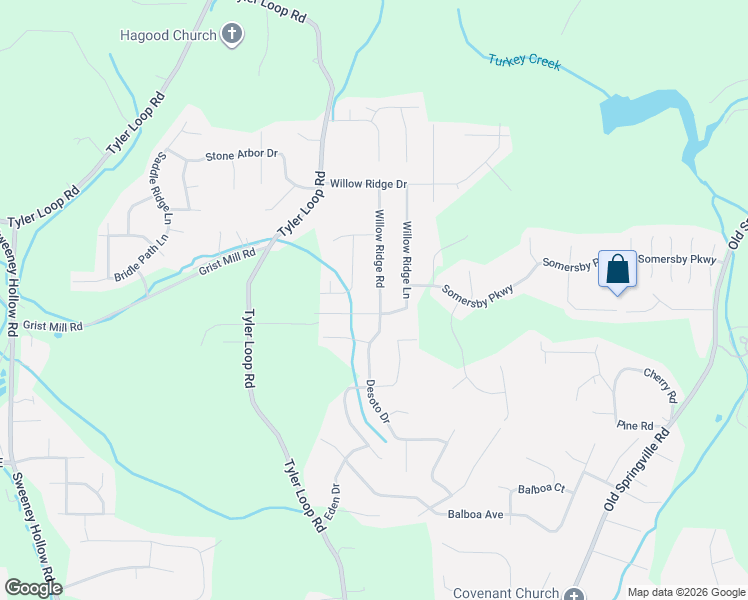 map of restaurants, bars, coffee shops, grocery stores, and more near 5180 Willow Ridge Lane in Dixiana
