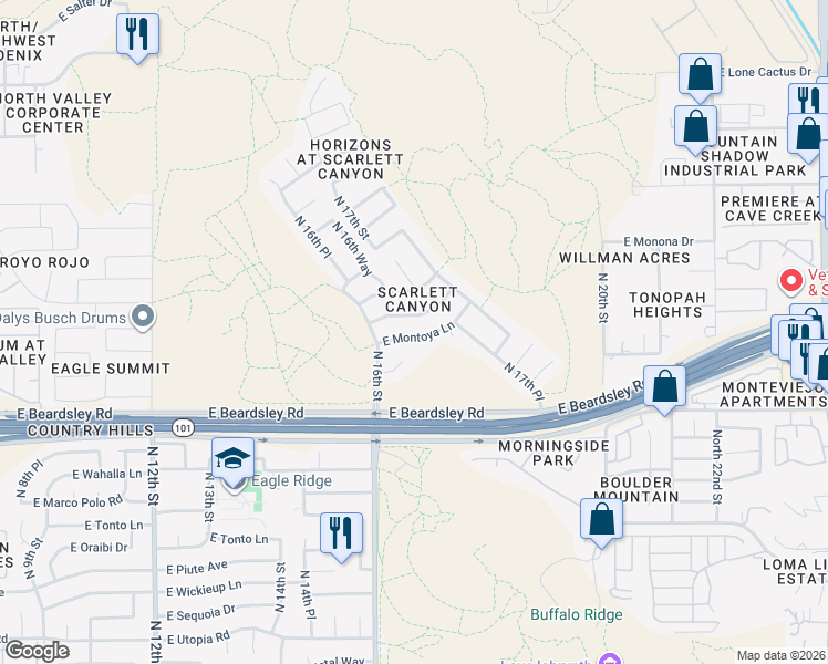 map of restaurants, bars, coffee shops, grocery stores, and more near 1634 East Montoya Lane in Phoenix