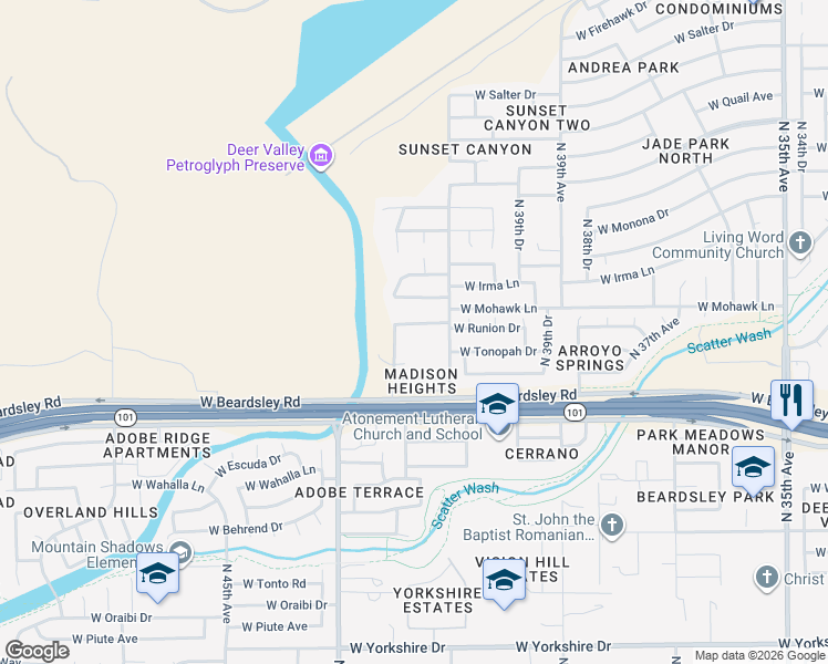 map of restaurants, bars, coffee shops, grocery stores, and more near 4133 West Runion Drive in Glendale