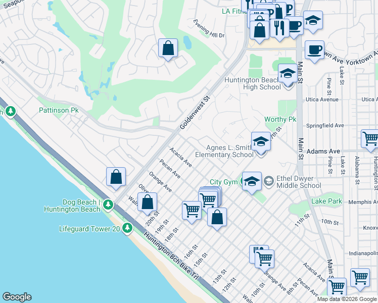 map of restaurants, bars, coffee shops, grocery stores, and more near 617 21st Street in Huntington Beach