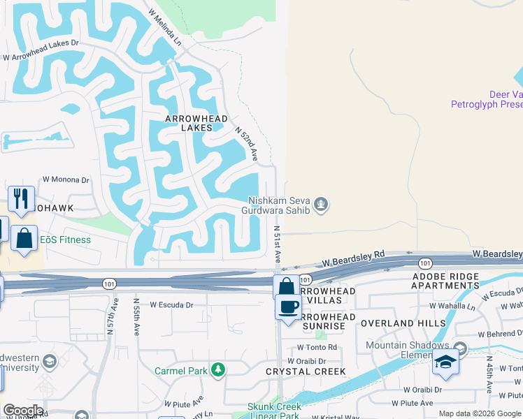map of restaurants, bars, coffee shops, grocery stores, and more near 20410 North 51st Drive in Glendale