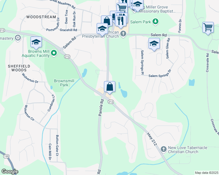 map of restaurants, bars, coffee shops, grocery stores, and more near 3834 Panola Road in Stonecrest