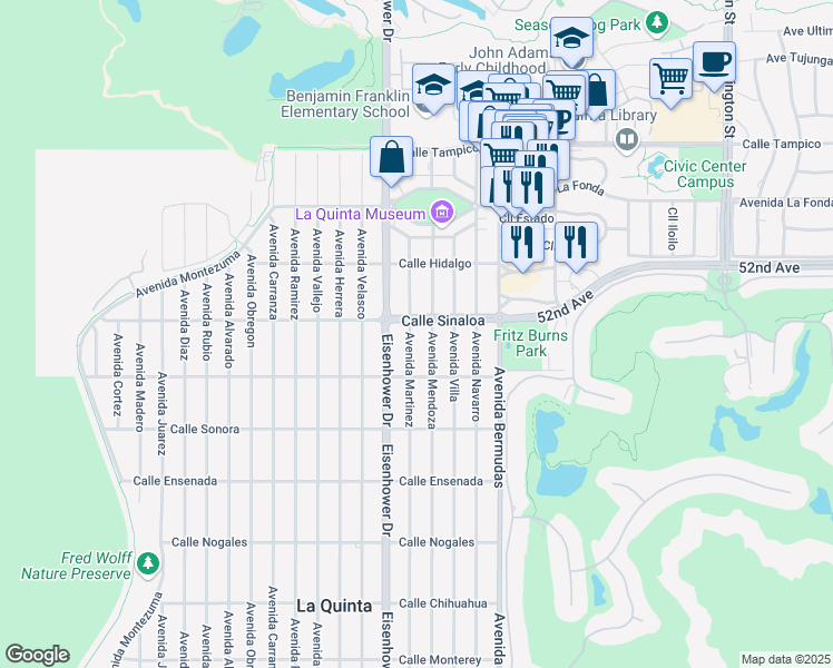map of restaurants, bars, coffee shops, grocery stores, and more near 51802 Avenue Martinez in La Quinta
