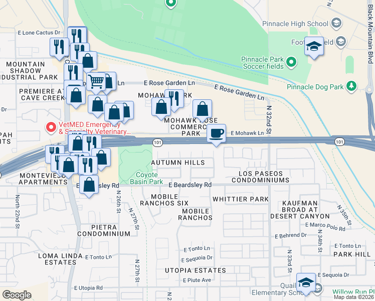 map of restaurants, bars, coffee shops, grocery stores, and more near 20410 North 29th Place in Phoenix