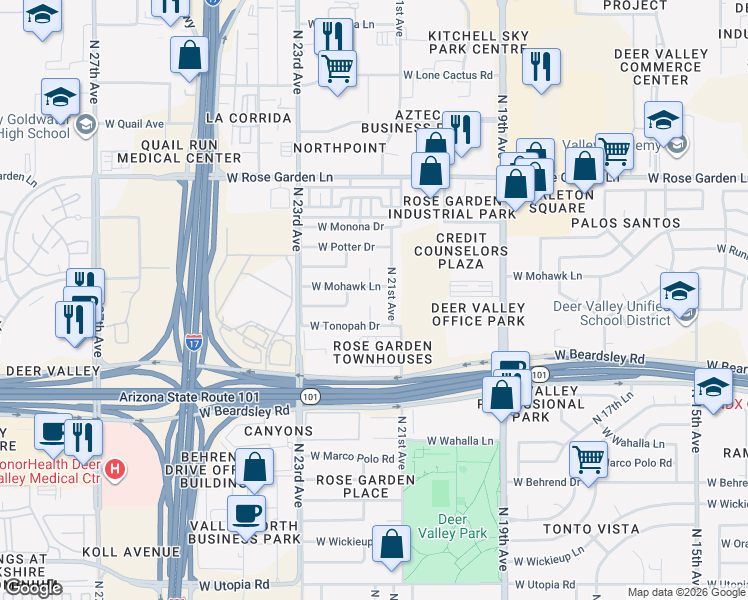 map of restaurants, bars, coffee shops, grocery stores, and more near 20429 North 21st Drive in Phoenix