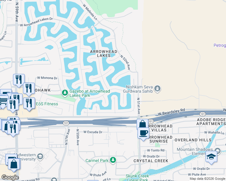 map of restaurants, bars, coffee shops, grocery stores, and more near 5239 West Tonopah Drive in Glendale