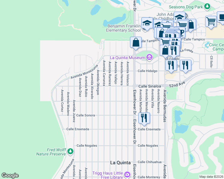 map of restaurants, bars, coffee shops, grocery stores, and more near 51800 Avenue Ramirez in La Quinta