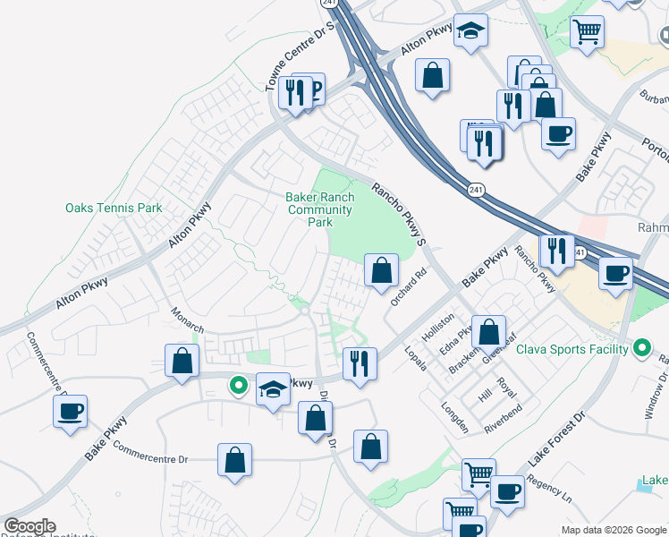 map of restaurants, bars, coffee shops, grocery stores, and more near 18 Wild Rose in Lake Forest