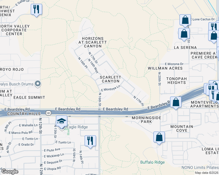 map of restaurants, bars, coffee shops, grocery stores, and more near 1634 East Montoya Lane in Phoenix