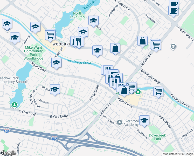 map of restaurants, bars, coffee shops, grocery stores, and more near 5299 Alton Parkway in Irvine