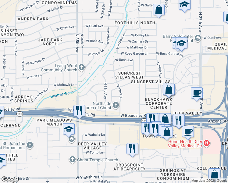 map of restaurants, bars, coffee shops, grocery stores, and more near 3241 West Runion Drive in Phoenix
