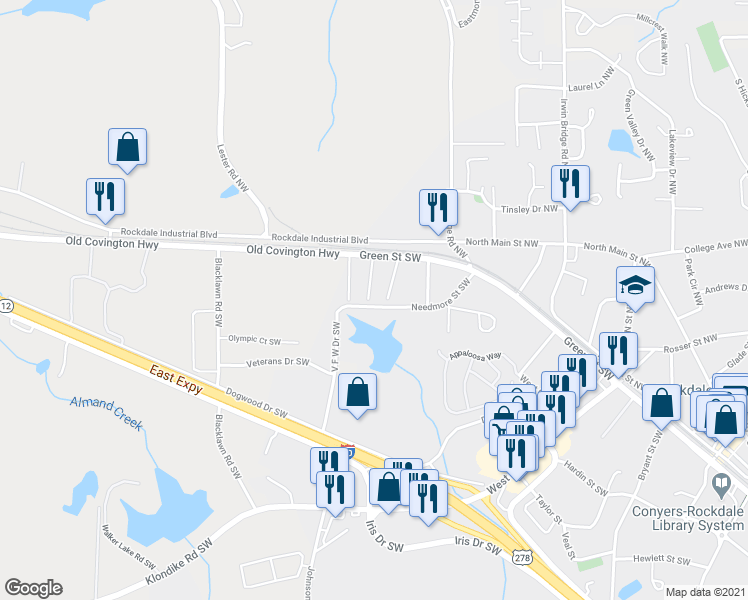 map of restaurants, bars, coffee shops, grocery stores, and more near 720 2nd Avenue Southwest in Conyers
