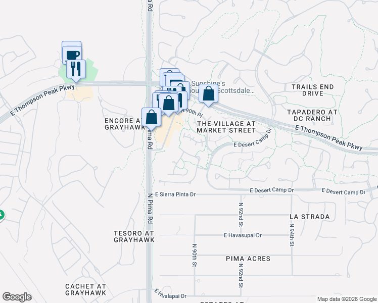 map of restaurants, bars, coffee shops, grocery stores, and more near 8958 East Rusty Spur Place in Scottsdale